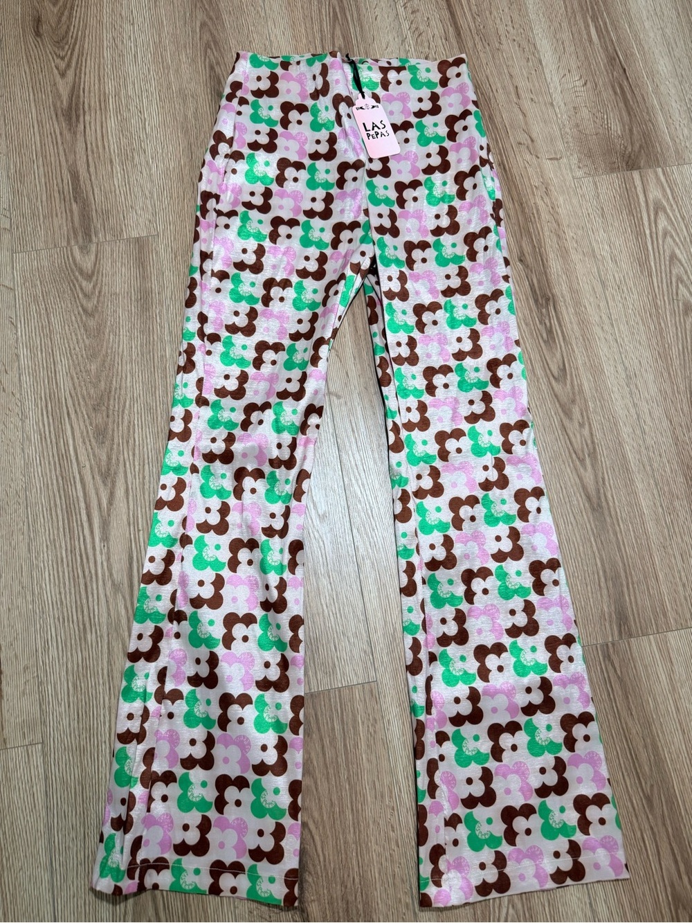 Retro Flower Power Flared Pants Pink Green Brown Daisy Print Y2K 70s S